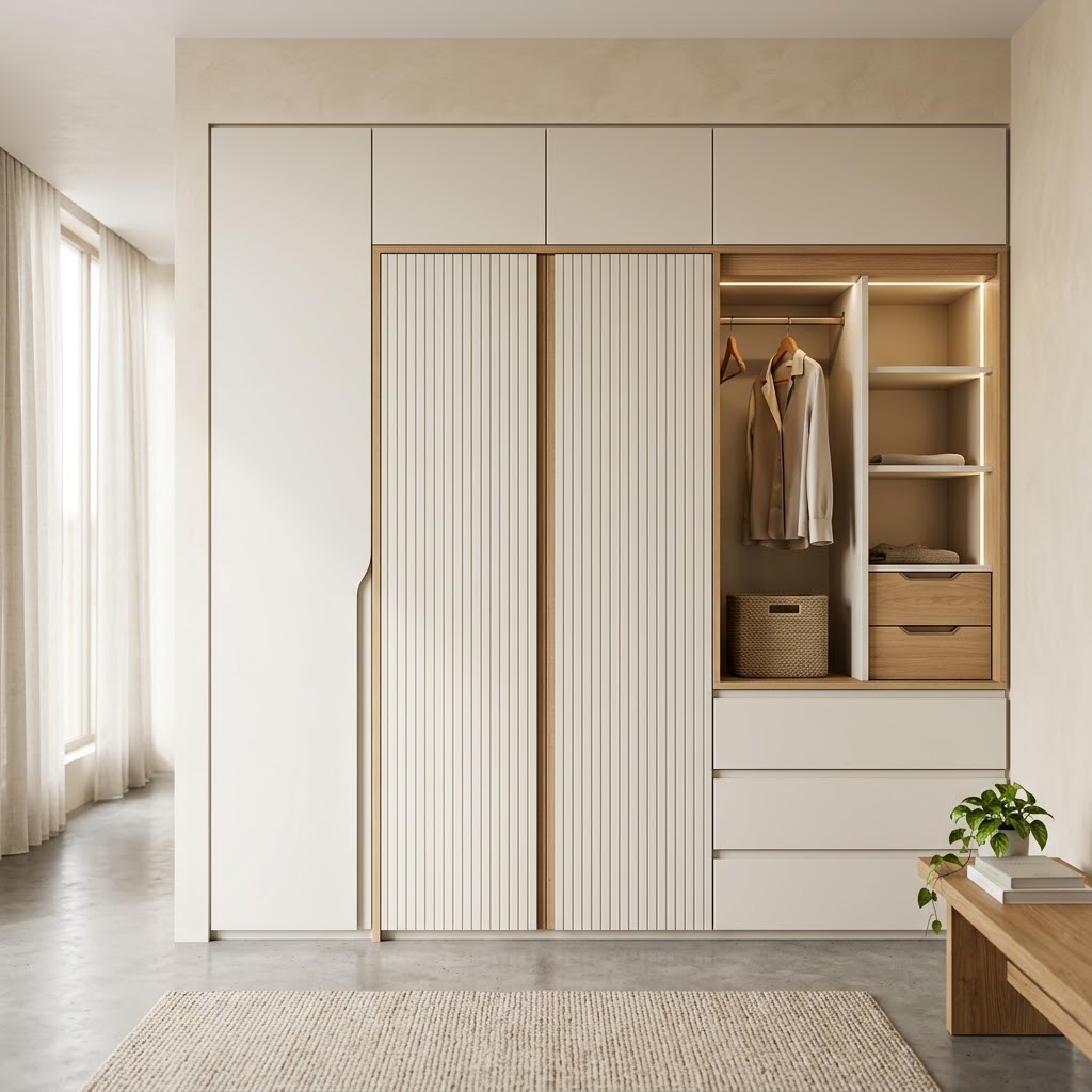 Встроенный светлый шкаф с антресолью