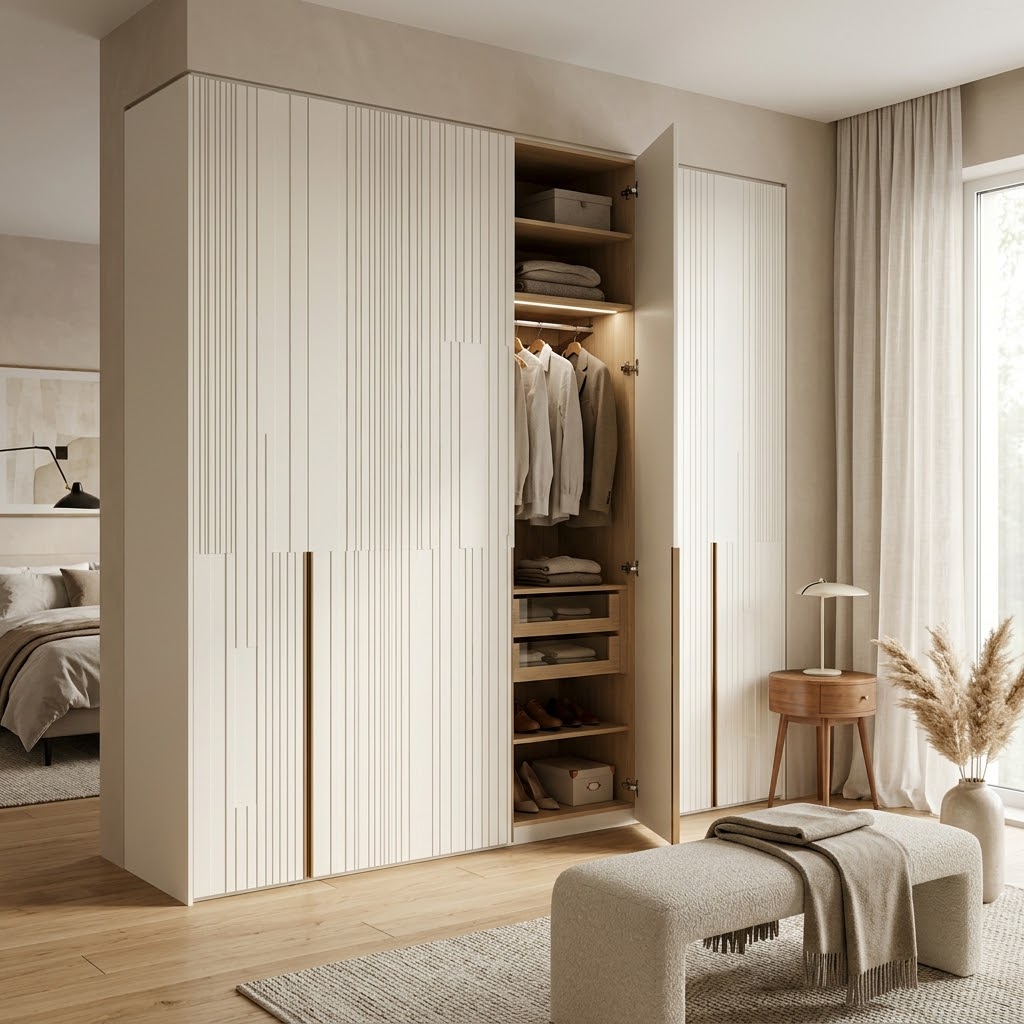 Шкаф-купе бежевый с фрезеровкой и подсветкой