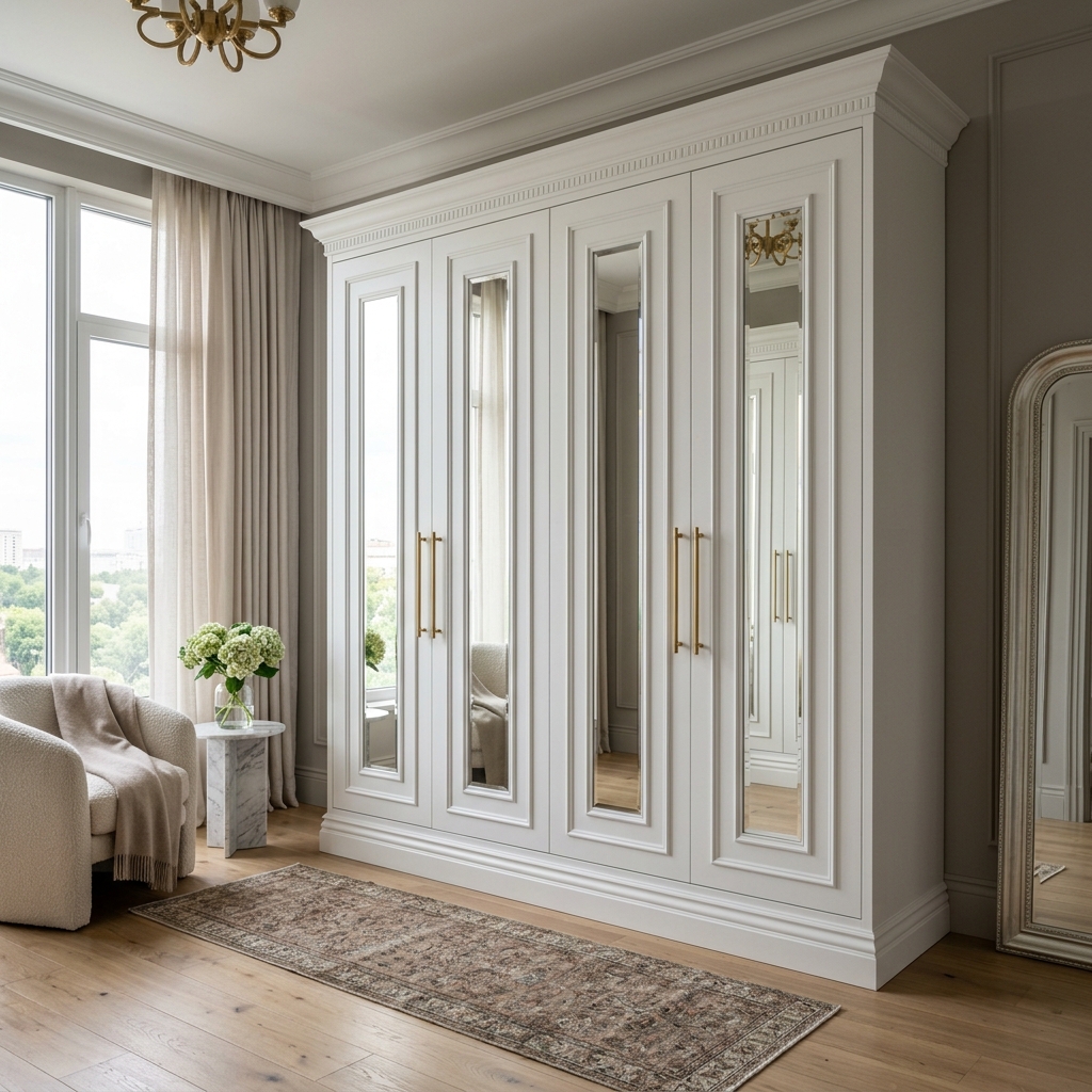 Белый четырехдверный шкаф с зеркалами Мередит