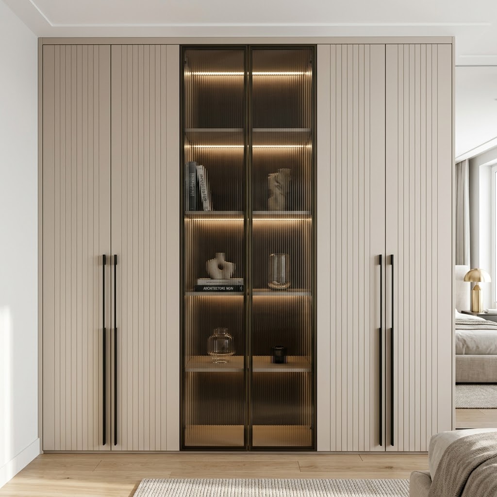 Современный бежевый шкаф с матовыми фасадами и стеклом