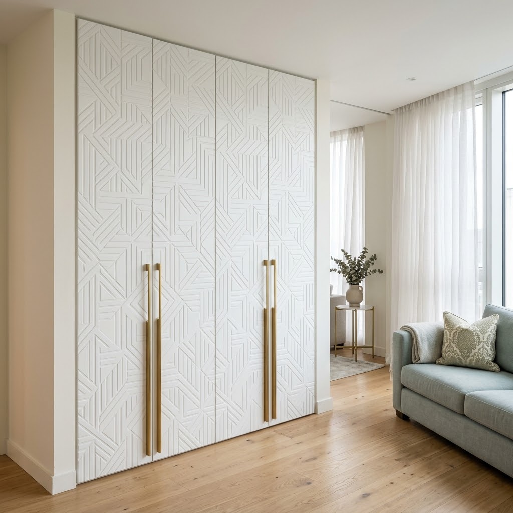 Встроенный белый шкаф с 3D фрезеровкой до потолка