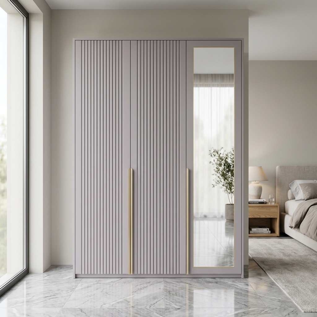 Современный трехдверный шкаф с зеркалом и фрезеровкой